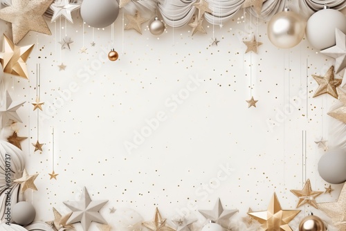 Frame made of golden Christmas balls and festive decorations. Greeting card template with copy space