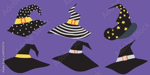 set of black witch hat isolated on purple background. hallooween day photo
