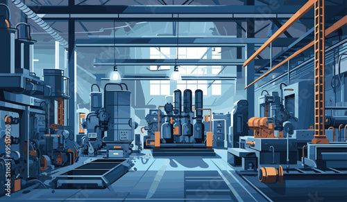 Create an industrial vector background with metallic grays and machinery blues. The subject is a clear vector depiction of a factory floor with heavy machinery and industrial equipment. photo