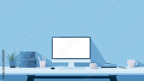 professional vector background with a in shades of corporate blue and gray. clear vector illustration of a minimalistic office desk with a computer monitor
