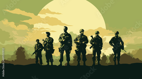 vector illustration highlighting military camaraderie. a group of soldiers in uniform, stands united against a clean, flat color background.  photo