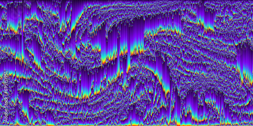 Pixel sorting style background with wavy holographic iridescent lines. Geometric trendy grunge pixelart design. Colorful dynamic distorted motion digital noise glitched texture. Vector illustration