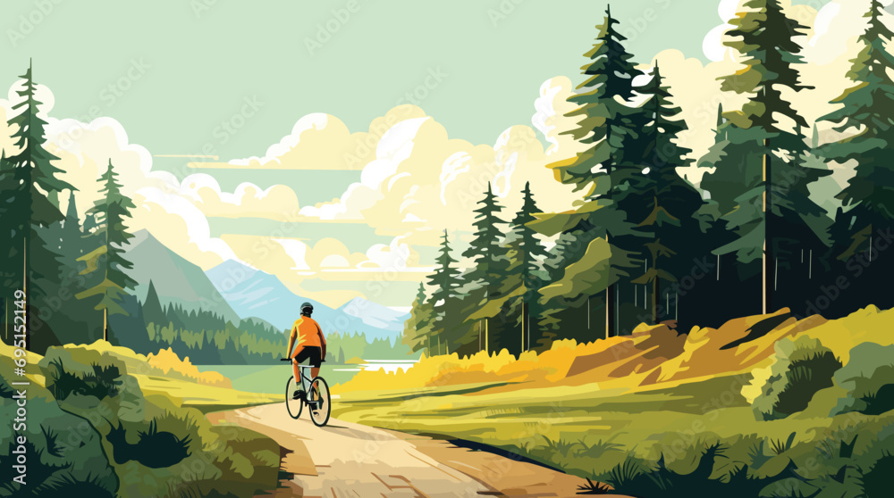 vector illustration showcasing the benefits of outdoor exercise. cyclist riding through a peaceful park, commands attention against a backdrop of muted greens and soft yellows.