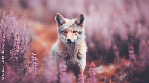 Vintage and retro photo of a Coyote in a pink field. Postcard with Coyote in a dreamy landscape with flowers in Vintage Style. Wild Animal Concept