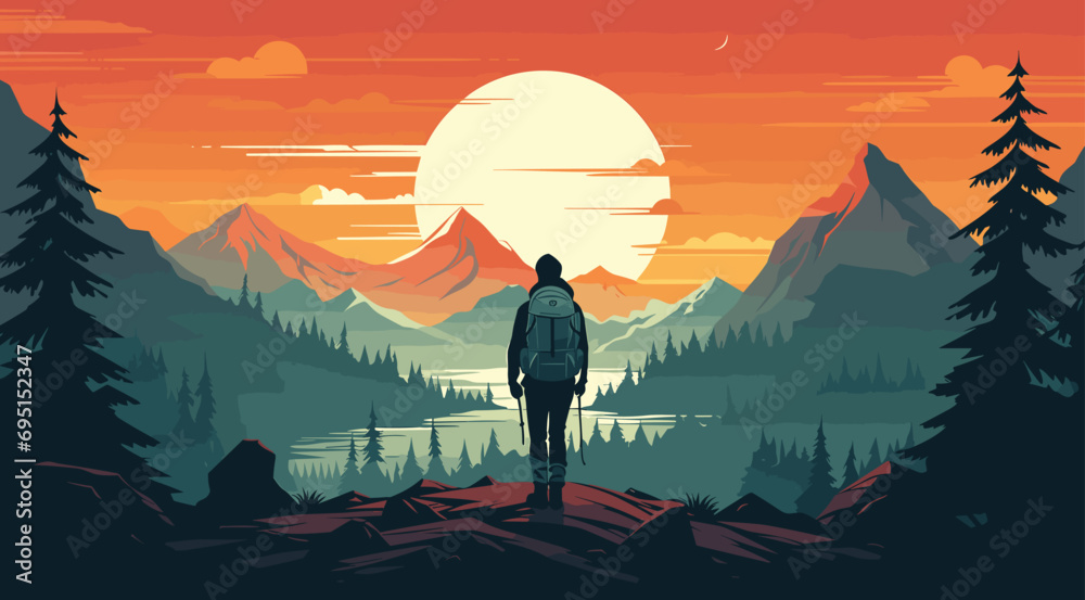 vector poster advocating for outdoor adventure and exploration. simple depiction of a camper or hiker in nature, stands against a backdrop of outdoor elements. - obrazy, fototapety, plakaty 