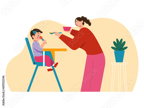 Mother is feeding her child. Parenting illustrations.