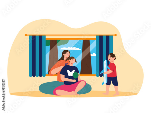 Mother was accompanying her two children to play. Parenting illustrations.