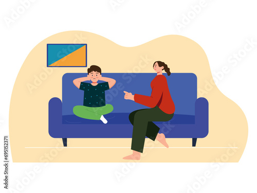 Mother is scolding her child. Parenting illustrations.