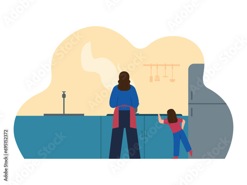 Mother is cooking in the kitchen. Parenting illustrations.