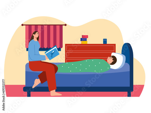 Mother is reading a story book to her child. Parenting illustrations.