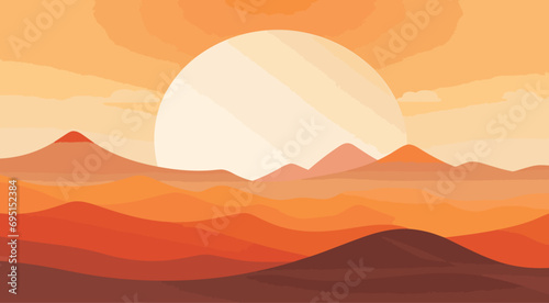 vector poster celebrating the beauty of sunrise and sunset. simplified sun rising or setting over a serene landscape, stands against a backdrop of changing sky colors.