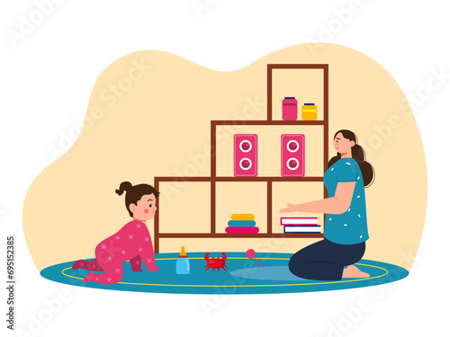 Mother is accompanying her child to play. Parenting illustrations.