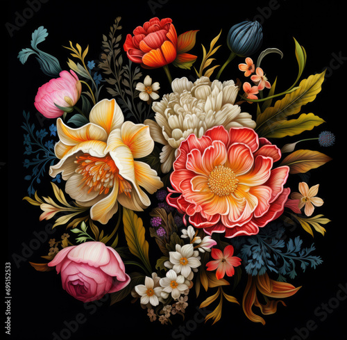 Bouquet of different flowers with black background. Created with generative ai technology