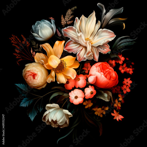 Bouquet of flowers with black background. Created with generative ai technology