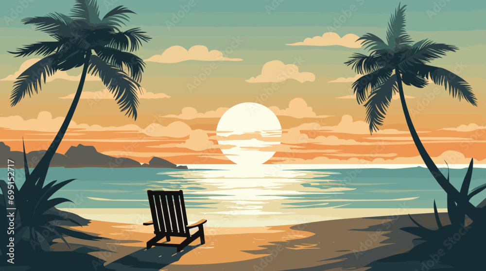 travel themed vector background tropical beach shades of sandy beige and ocean blue. a vector illustration of a tranquil beach scene with palm trees, turquoise waters, and sun loungers. - obrazy, fototapety, plakaty 