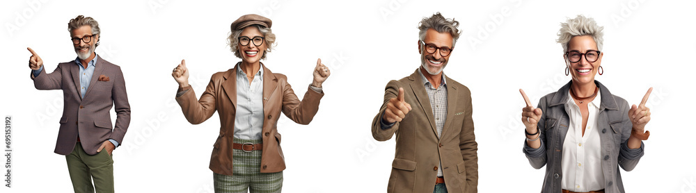 Set of Portrait of middle aged man and woman happy smiling and hands pointing and showing thumb up in approval, recommending, like and good, isolated on white background, png Set of Portrait of middle aged man and woman happy smiling and hands pointing and showing thumb up in approval, recommending, like and good, isolated on white background, png