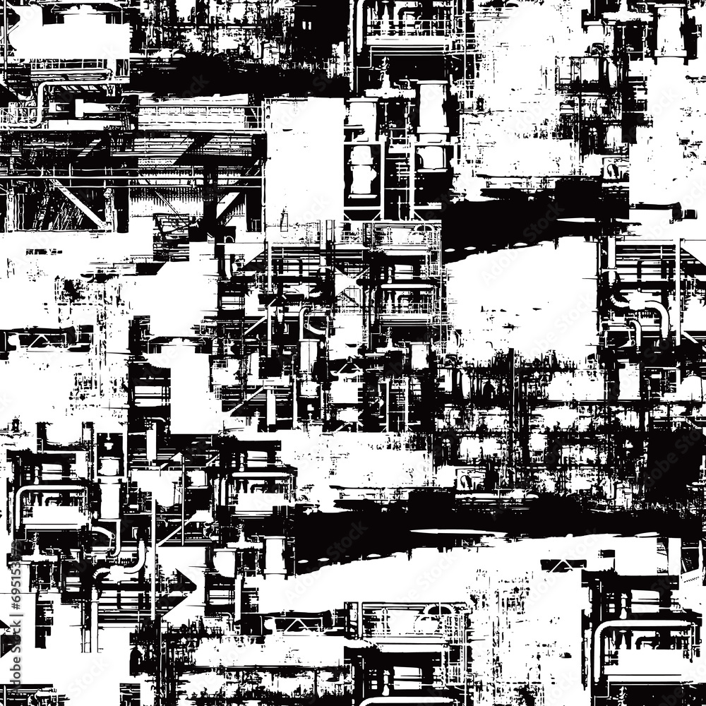 Seamless pattern with abstract collage of industrial plants,