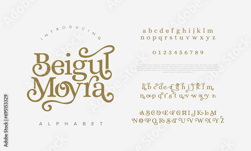 Belguloyra premium luxury elegant alphabet letters and numbers. Elegant wedding typography classic serif font decorative vintage retro. Creative vector illustration