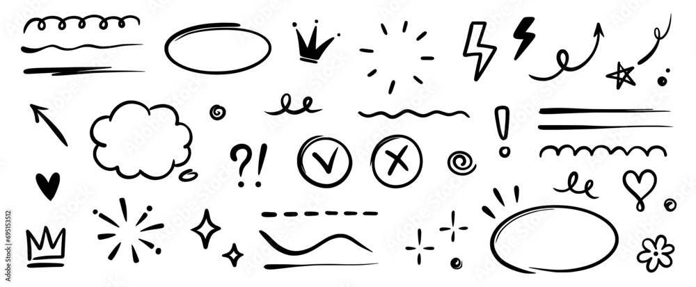 Hand drawn highlight, text underline, emphasis mark, line shape set. Hand drawn scribble arrow, love heart, speech bubble, crown element. Marker, pen brush stroke graphic element. Vector illustration Hand drawn highlight, text underline, emphasis mark, line shape set. Hand drawn scribble arrow, love heart, speech bubble, crown element. Marker, pen brush stroke graphic element. Vector illustration