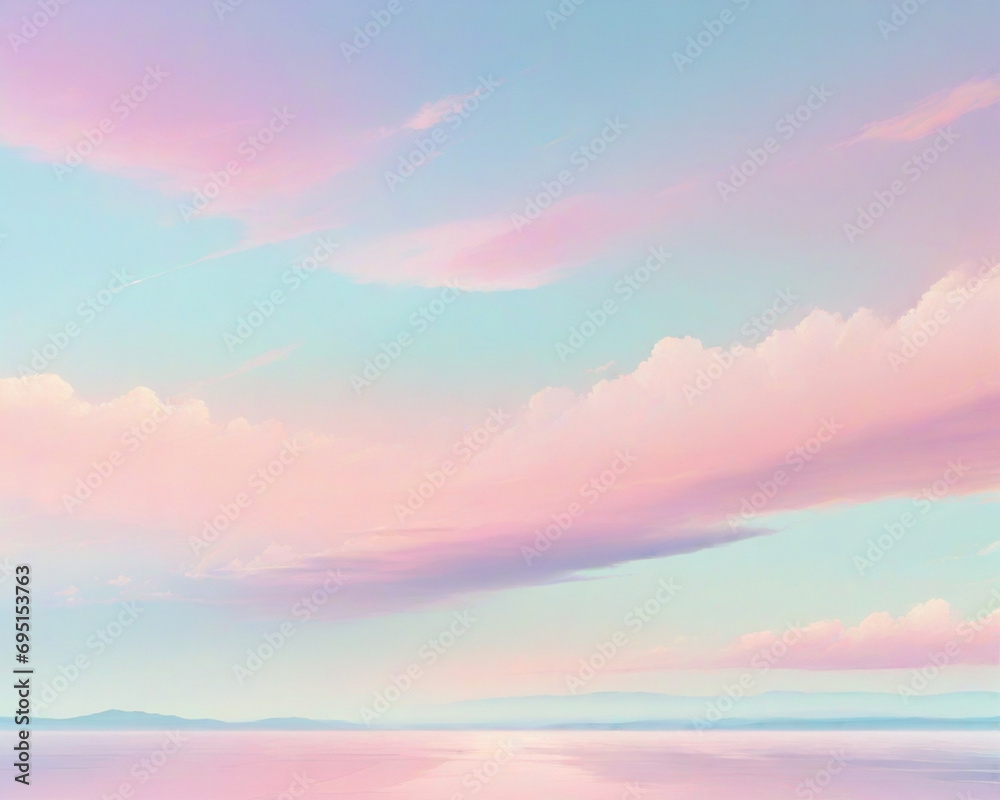 Hermos  paisaje de cielo azul con nubes  en tonos rosa pastel. Amanecer  en colores suaves degradados. - obrazy, fototapety, plakaty 