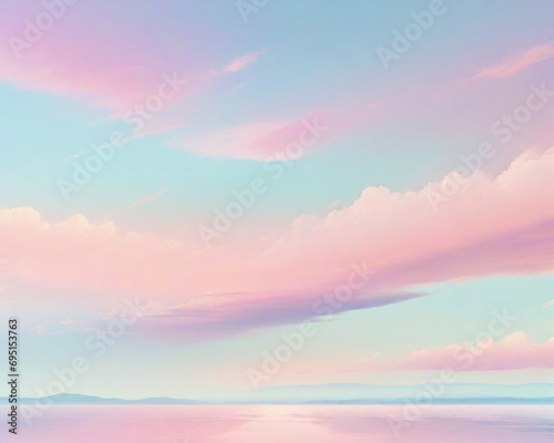 Hermos  paisaje de cielo azul con nubes  en tonos rosa pastel. Amanecer  en colores suaves degradados.