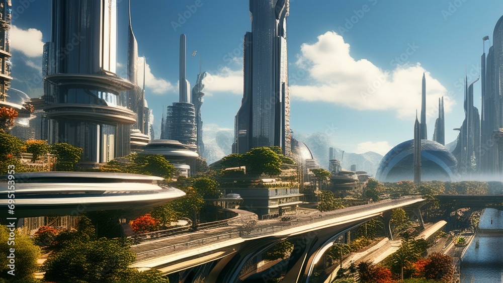Fototapeta premium Futuristic technological dystopian city cinematic wallpaper