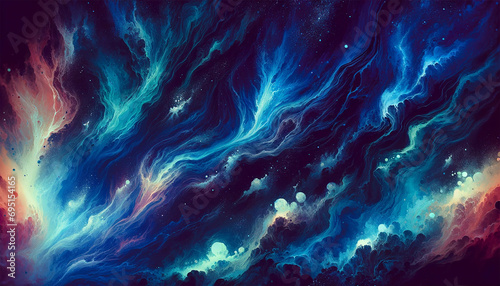 Abstract painting draws the viewer into the depths of a cosmic nebula, swirling with the surreal interplay of celestial blues and starry luminescence. photo