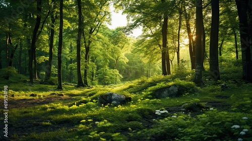 A beautiful green forest in summer evening beautiful