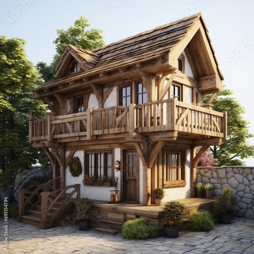 Tiny two floor timber frame house with double front doors and terrace design © shiroi