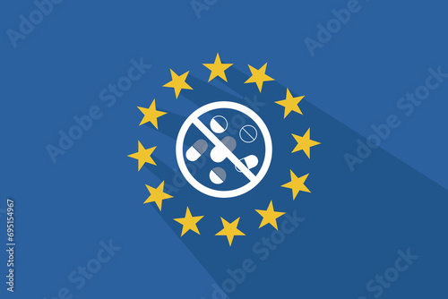 European union flag long shadow with a pill in an unauthorized signal vector illustration.