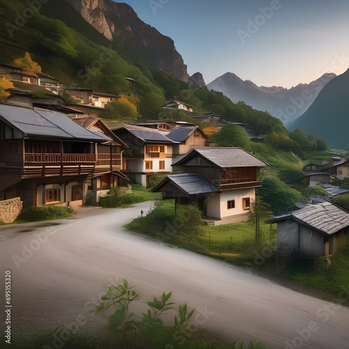 A peaceful village nestled within a valley embraced by towering mountains1