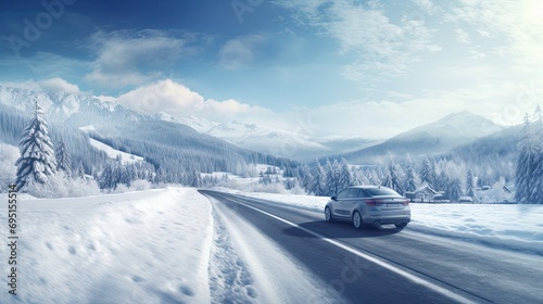 a car speeding down a snowy road