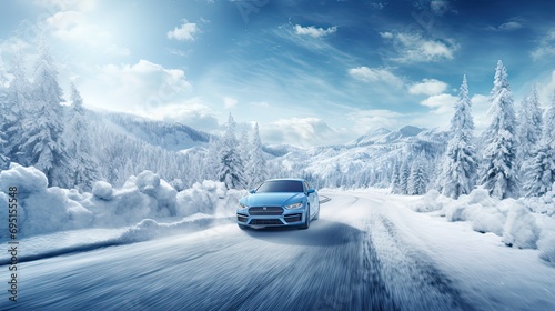a car speeding down a snowy road