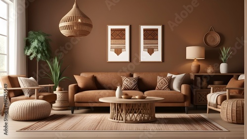 Home interior with ethnic boho decoration, living room in brown warm color, 3d render 