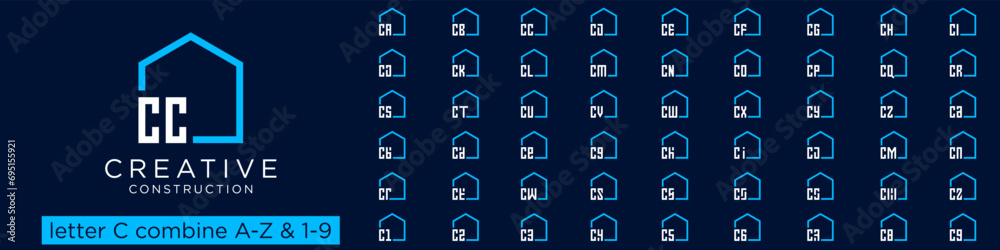 set of home logo design combined letter C with A to Z and numbers from 1 to 9. vector illustration