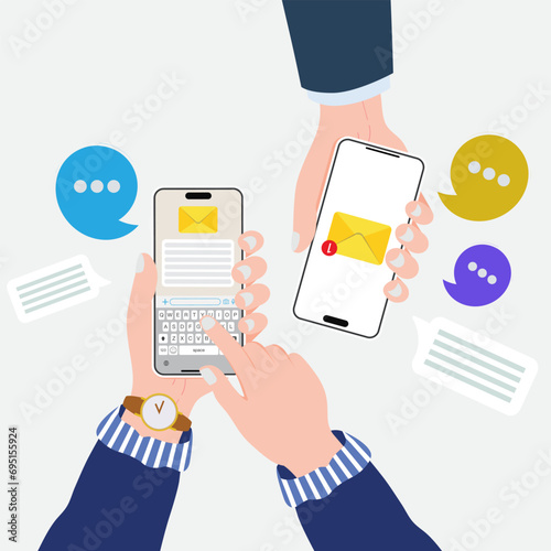 Two hands holding smart phone with message, icons and emoji. Mobile smartphone with mail app concept. Email sender and receiver holding mobile phone on white background. Vector.