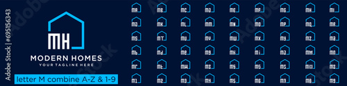set of home logo design combined letter M with A to Z and numbers from 1 to 9. vector illustration