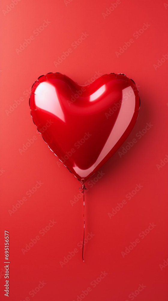 Red foil balloon in the shape of a heart on a red background. Vertical background for Valentine's day.