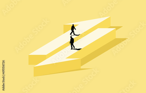 Opposite business opinions, conflict ideas, different decisions concept, Two businessmen walking in opposite ways.