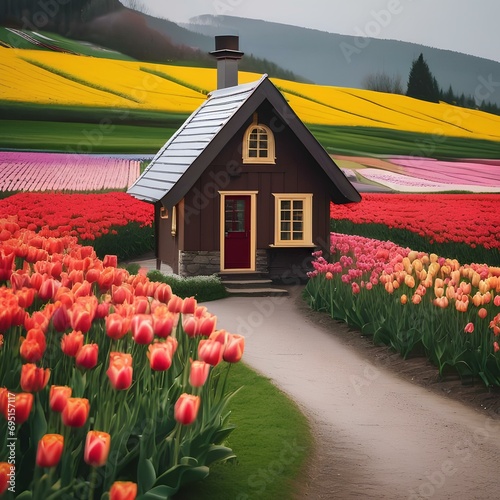A cozy cottage nestled among vibrant tulip fields1 #695157117