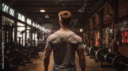 Back view of young man in grey tshirt standing in training gym