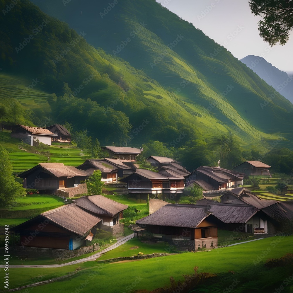 A peaceful village nestled in a valley among mountains3 A peaceful village nestled in a valley among mountains3