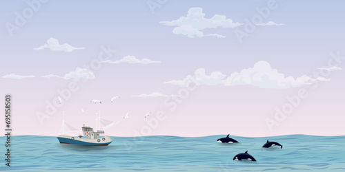 Seascape with fishing boat followed by seagulls and killer whale pack have dramatic sky background vector illustration. Ocean with ship, seagulls, orca, sky and clouds background.