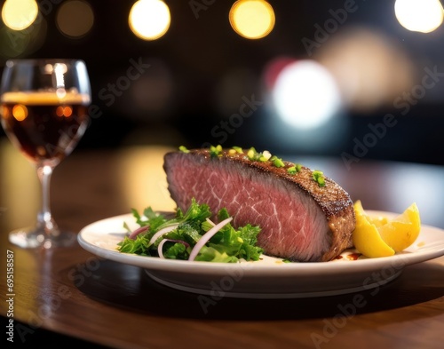 Tuna steak on a white plate in a restaurant with a glass of wine