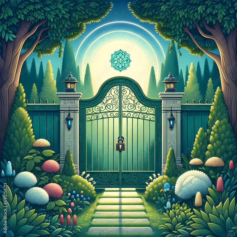 Lush vector illustration of an ornate garden gate leading to a mystical realm, invoking a sense of wonder and the allure of hidden sanctuaries