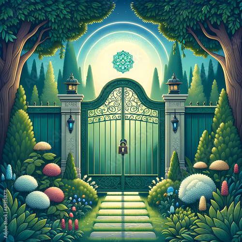Lush vector illustration of an ornate garden gate leading to a mystical realm, invoking a sense of wonder and the allure of hidden sanctuaries
