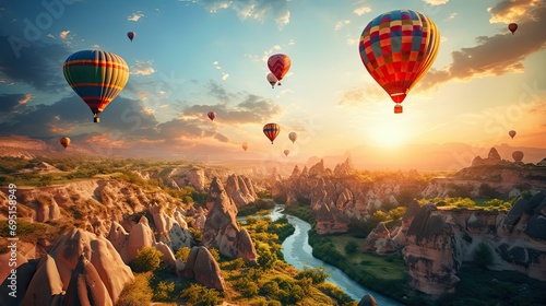 Fotografia a group of hot air balloons flying over a canyon