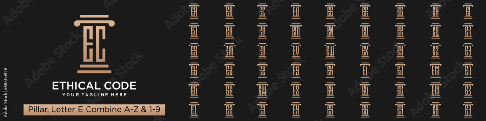 set of pillar logo design combined letter E with A to Z and numbers from 1 to 9. vector illustration