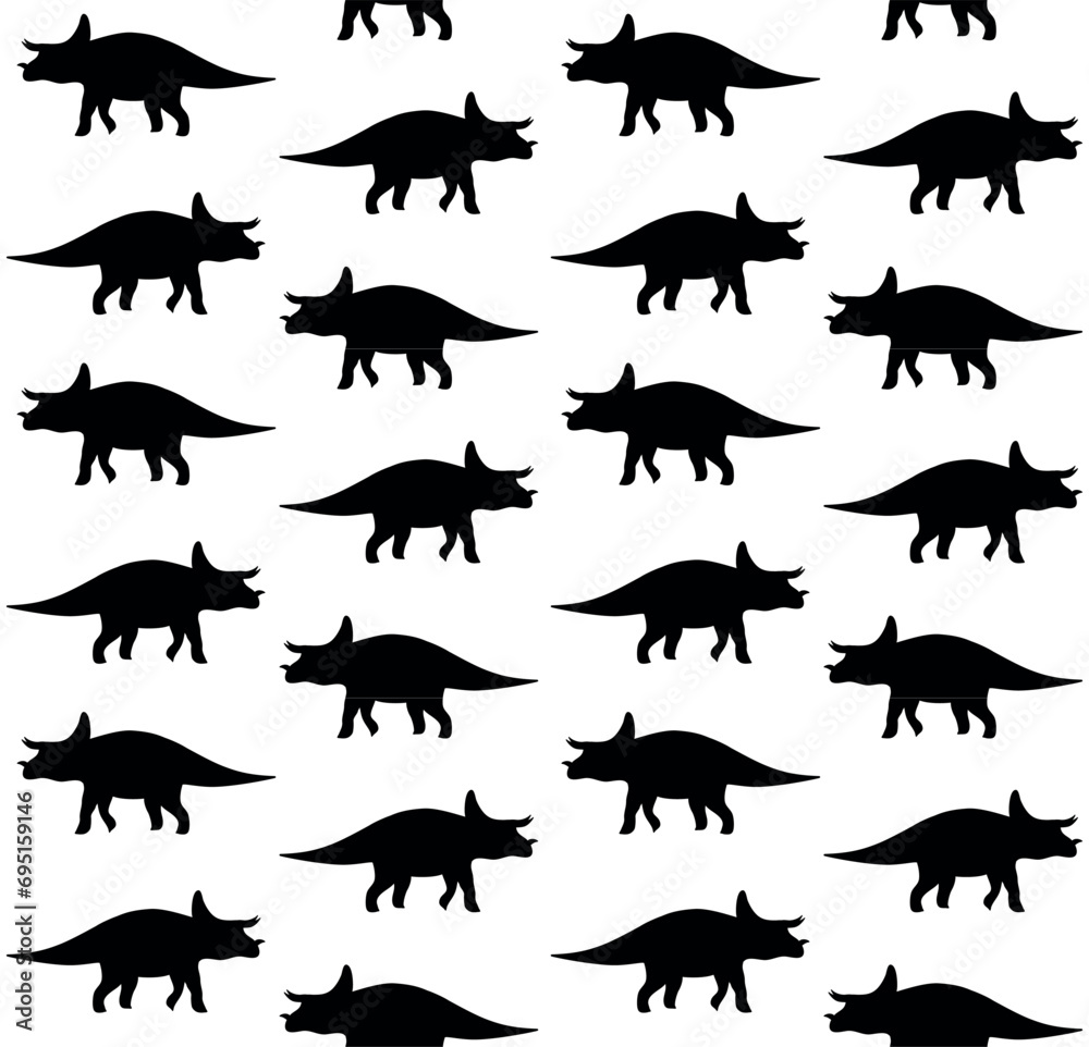 Obraz premium Vector seamless pattern of hand drawn flat triceratops dinosaur silhouette isolated on white background
