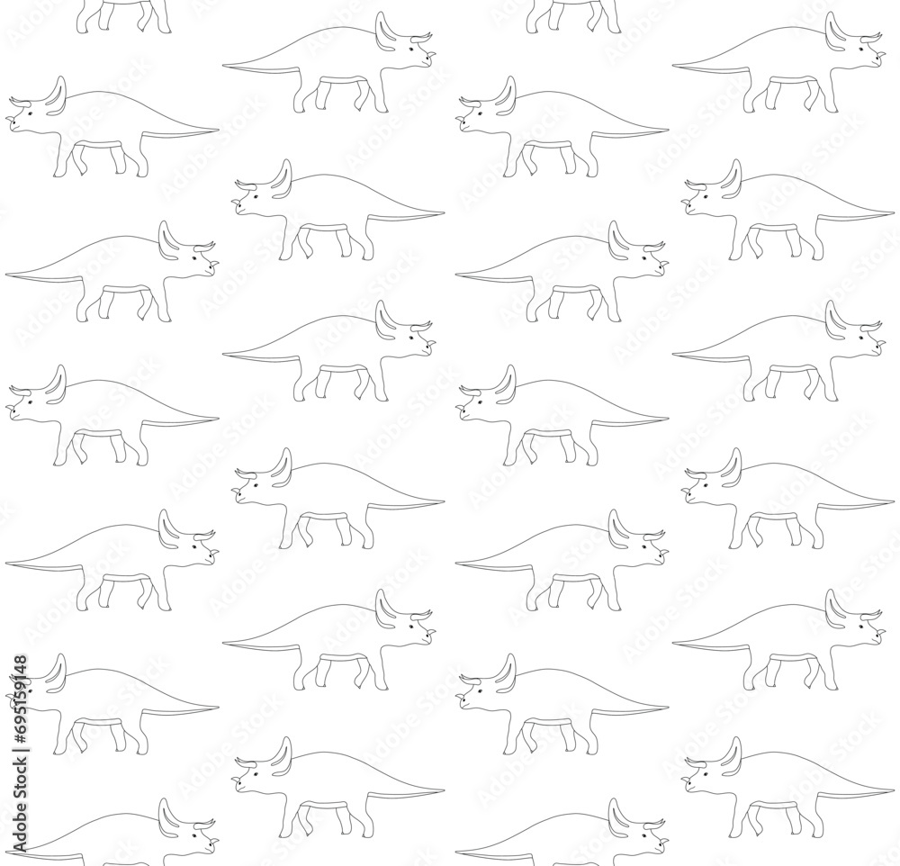 Vector seamless pattern of hand drawn flat outline triceratops dinosaur isolated on white background